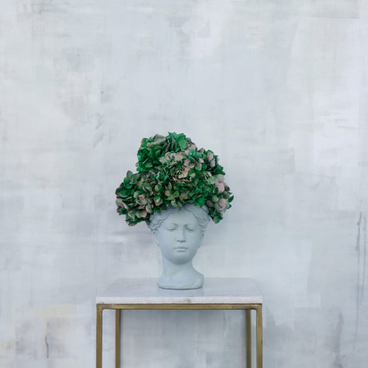 Hortensias preservadas verdes en cabeza cerámica
