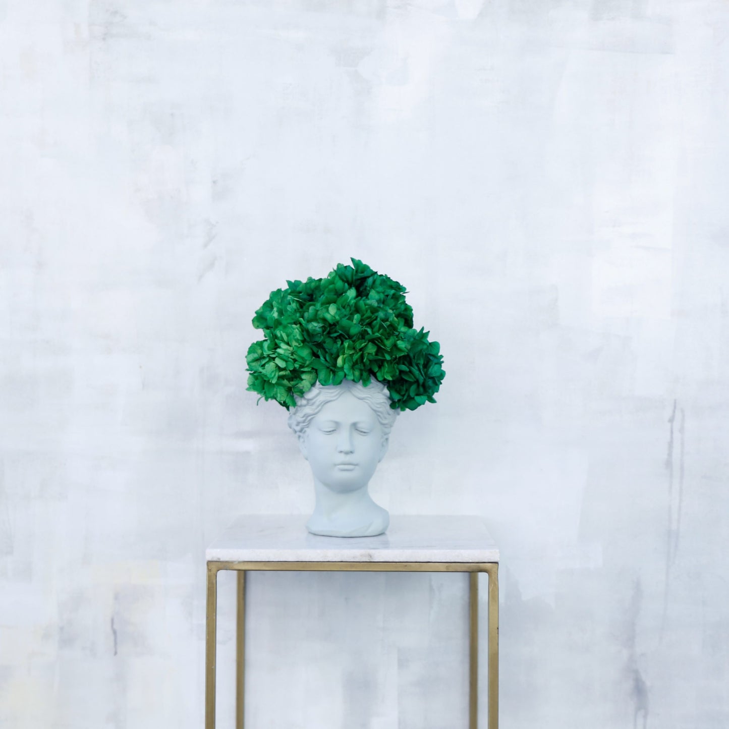Hortensias preservadas verdes en cabeza cerámica