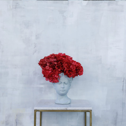 Hortensias preservadas rojas en cabeza cerámica